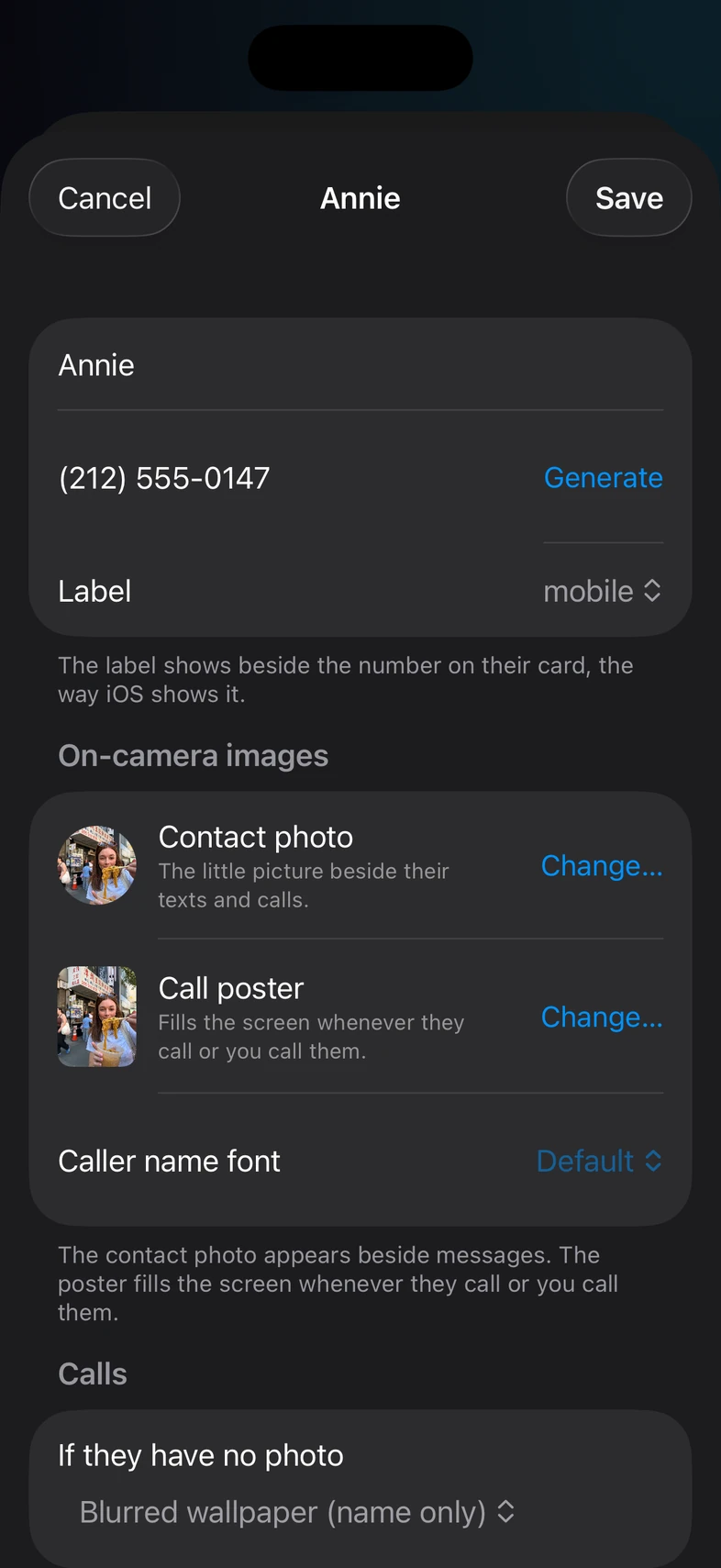 PropPlayer's character sheet: name, number, appearance, contact photo and call poster.