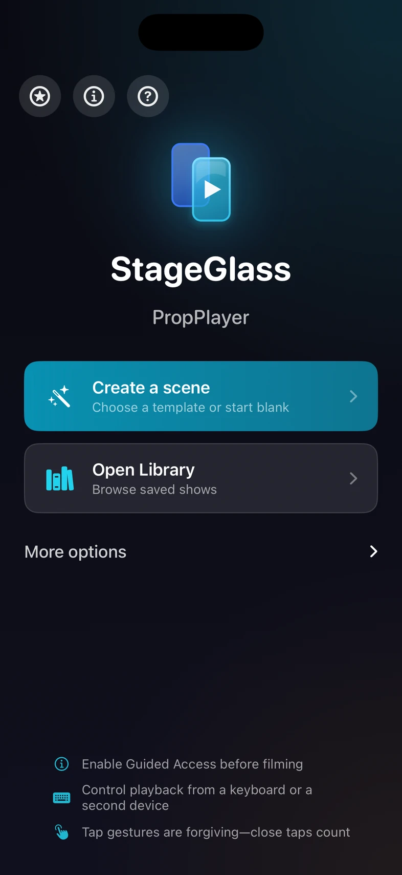 PropPlayer's start screen with Create a scene and Open Library.