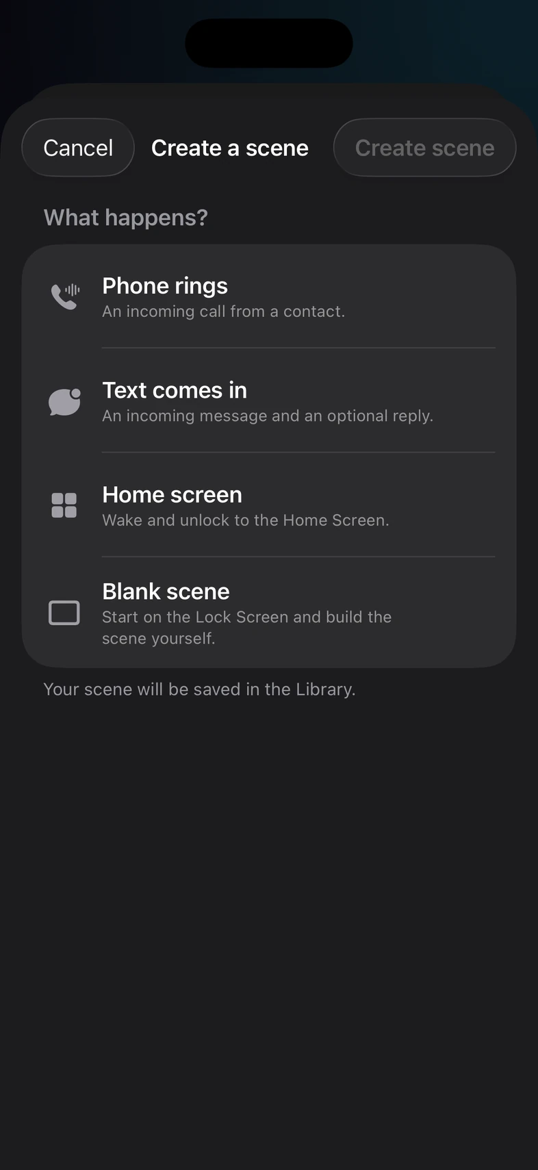 The Create a scene picker with call, text, Home Screen, and blank templates.