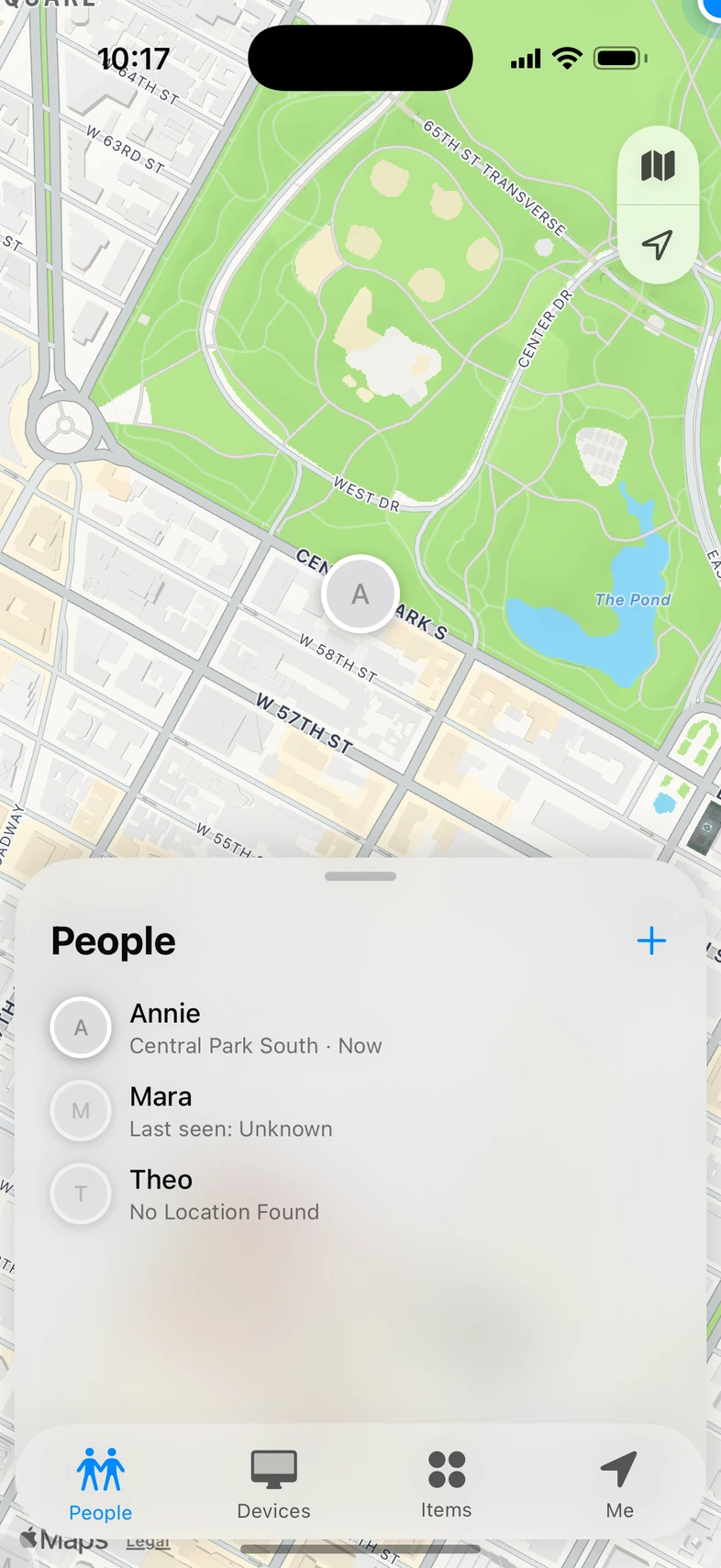 Annie's selected map marker above the Find My People panel.
