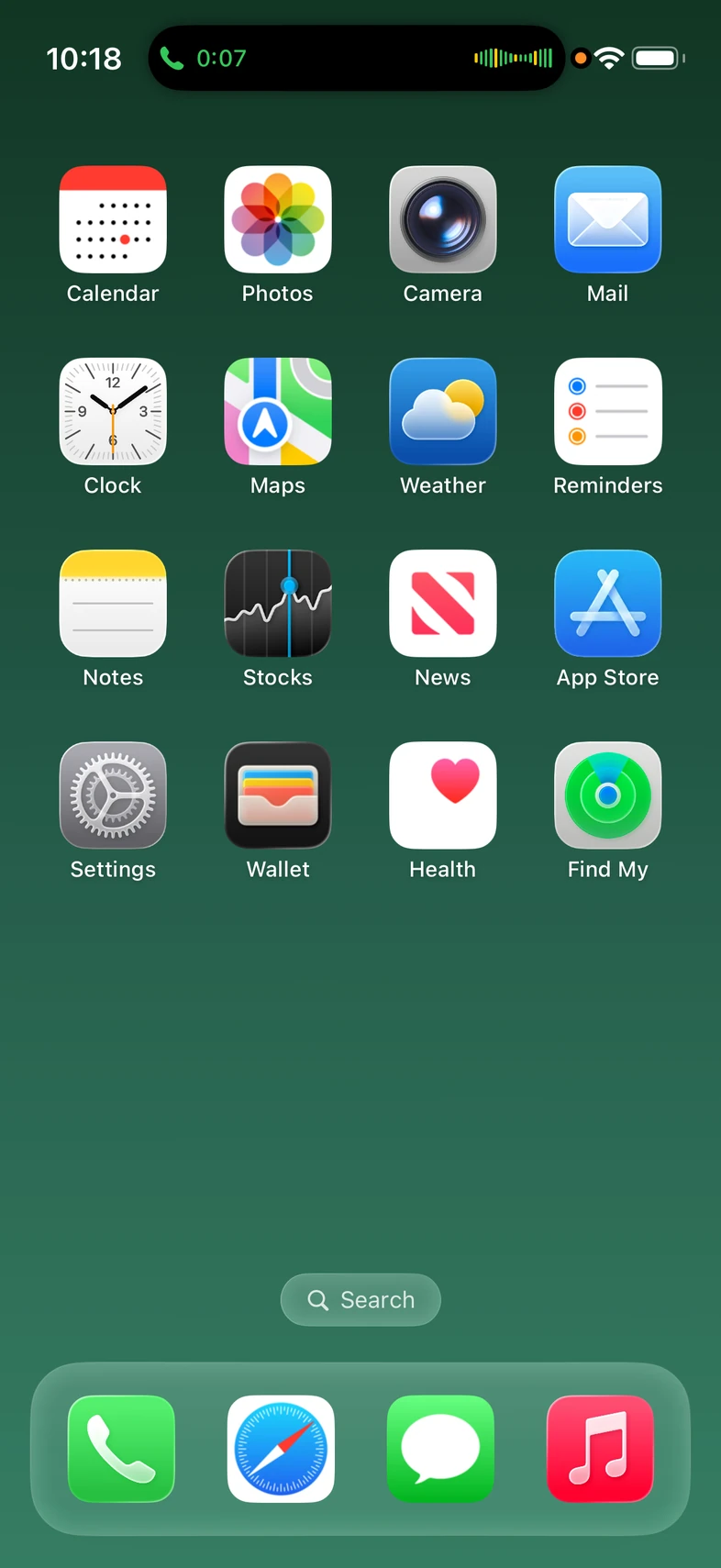 An active call with a timer in the Dynamic Island above the character's Home Screen.