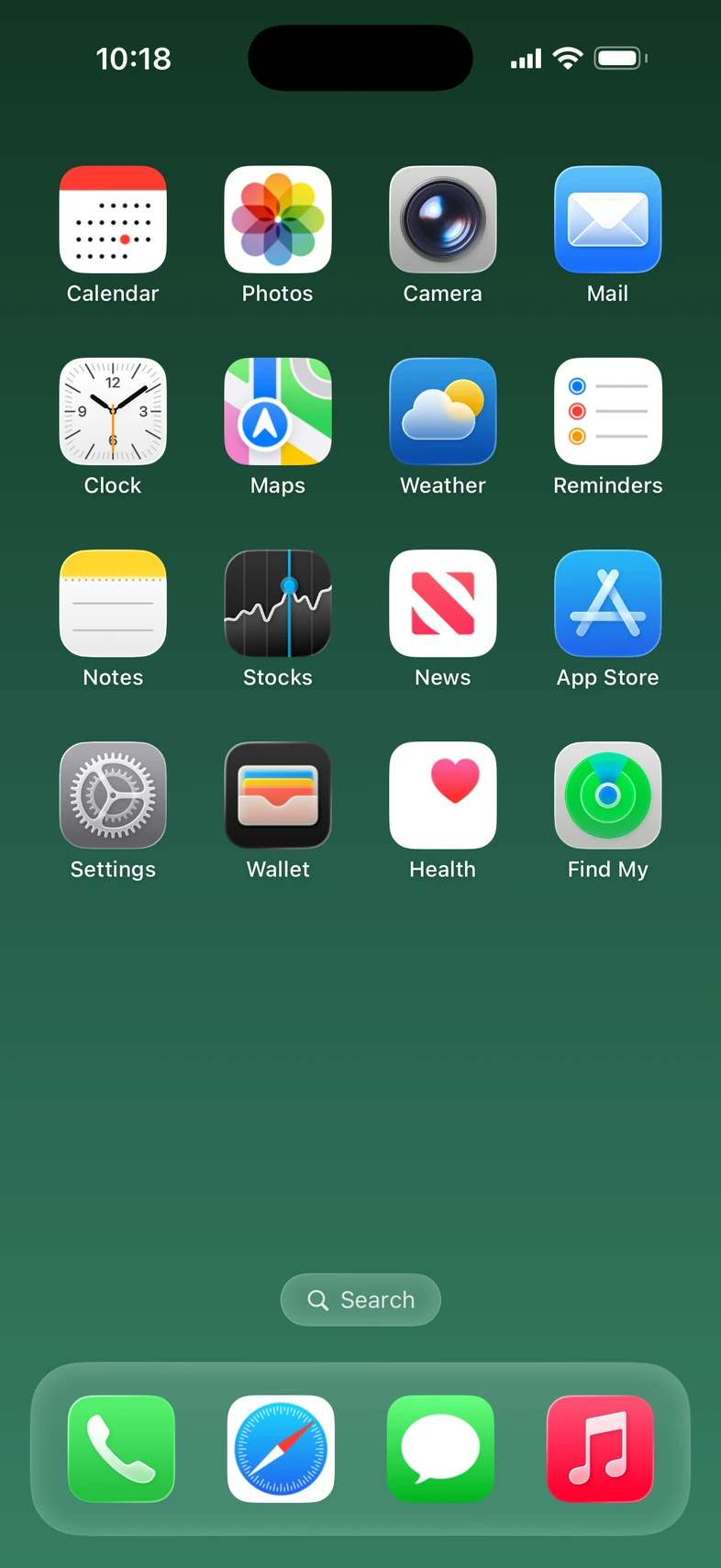 The character's Home Screen with filmed app icons and forest wallpaper.