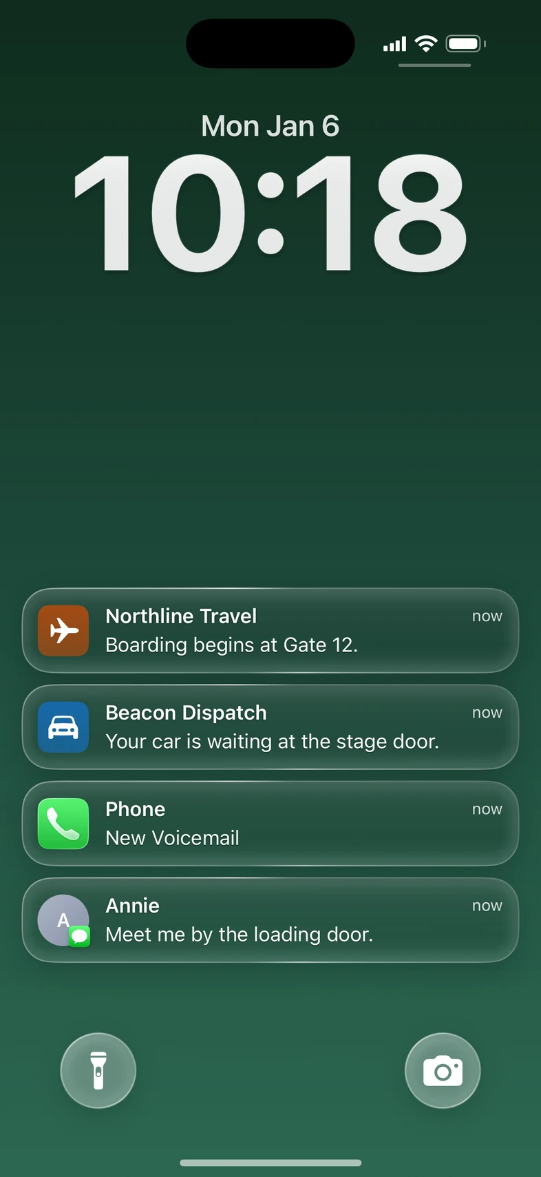 Four authored Lock Screen alerts: Annie in Messages, Phone, and fictional Beacon Dispatch and Northline Travel apps.