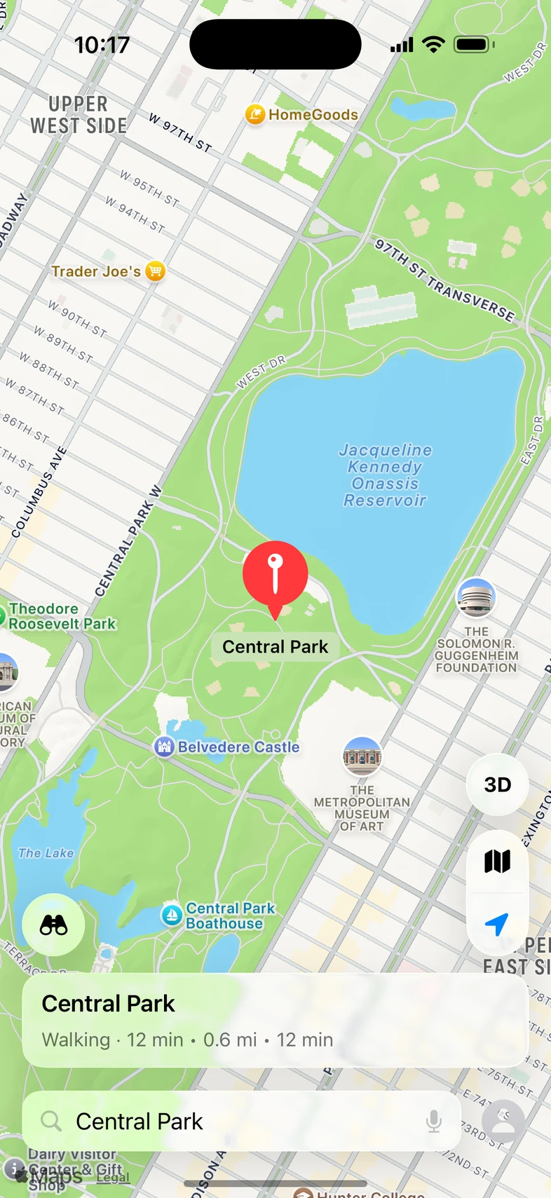 A Central Park pin and walking summary in the character's Maps scene.