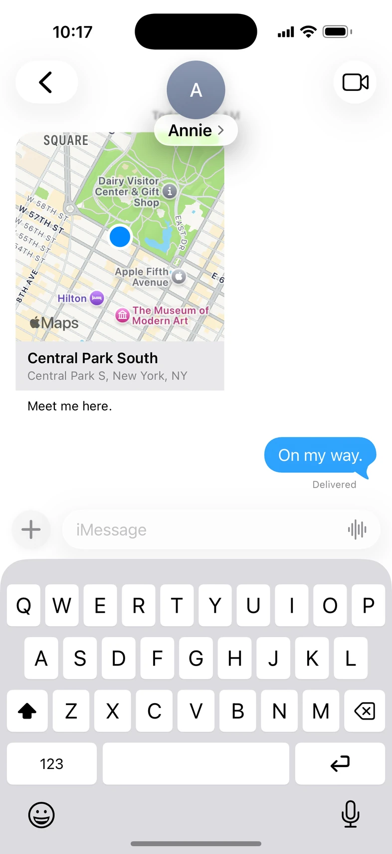 An authored Messages conversation with a Central Park location card.