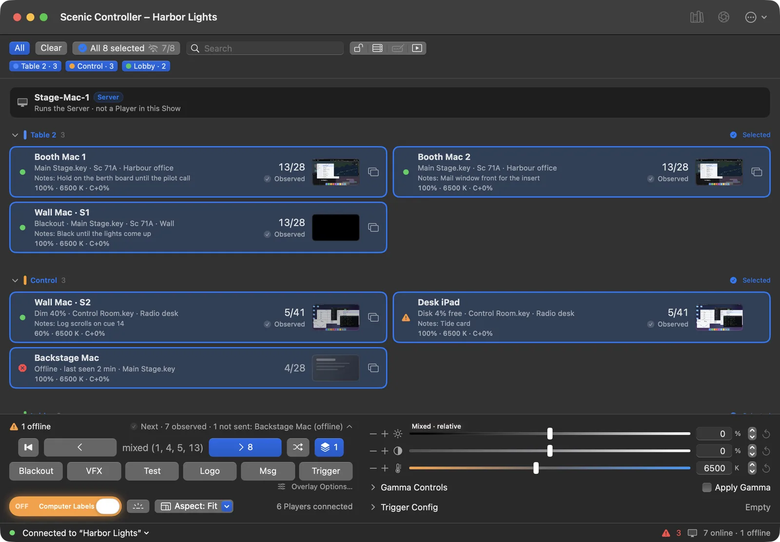 Scenic Controller on a Mac with all eight screens selected in three groups. Each card shows the screen's deck, slide, cue name, and a thumbnail of what it is showing. The bottom bar shows Next, Previous, and 7 observed.