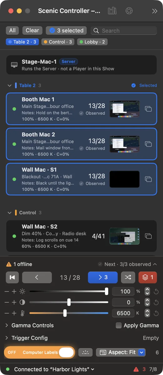 Scenic Controller at iPhone size with the Table 2 group selected: three screens on slide 13 of 28, all observed, above the Next and Previous buttons and the picture sliders.