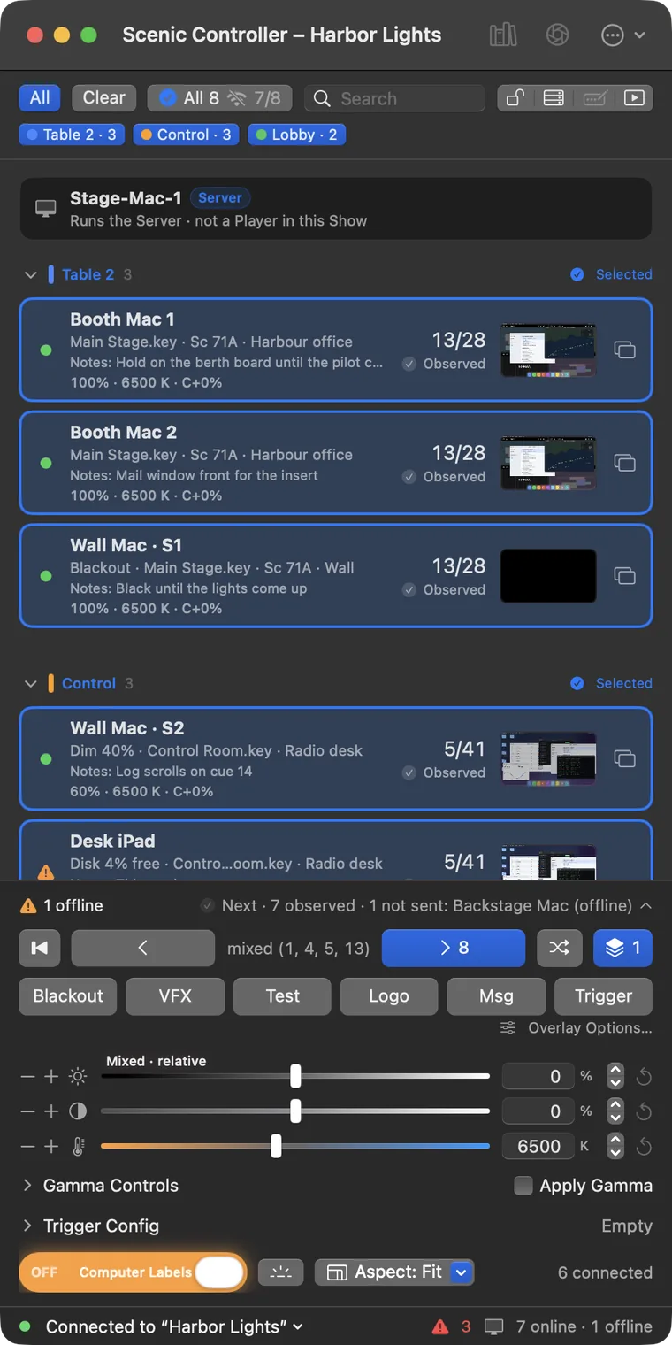 The main window: control row, groups of screens in the Player List, the dock and the footer.