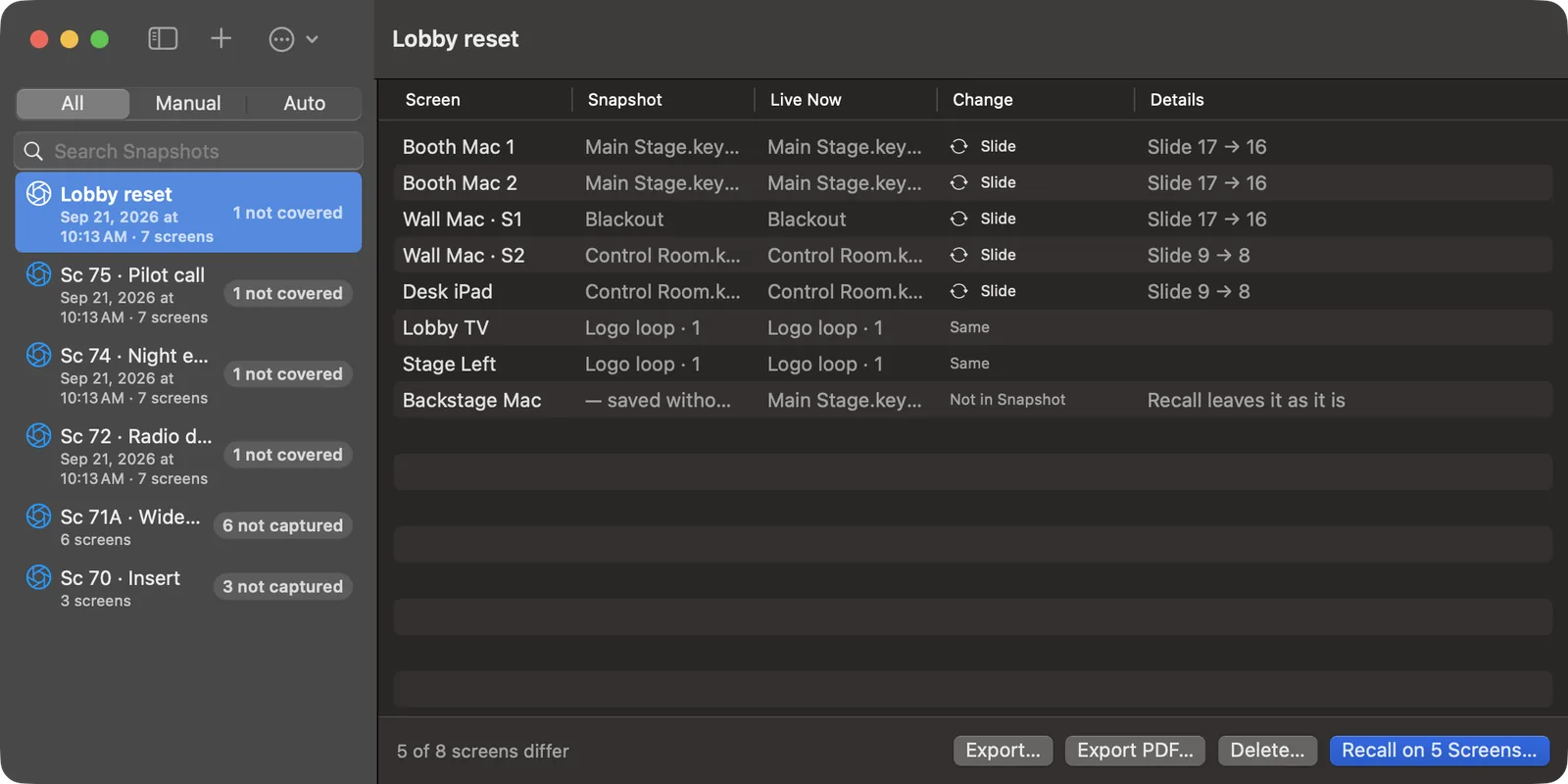 The Snapshots window listing six Snapshots. Lobby reset is compared with the set: five screens differ, two already match, and the button reads Recall on 5 Screens.