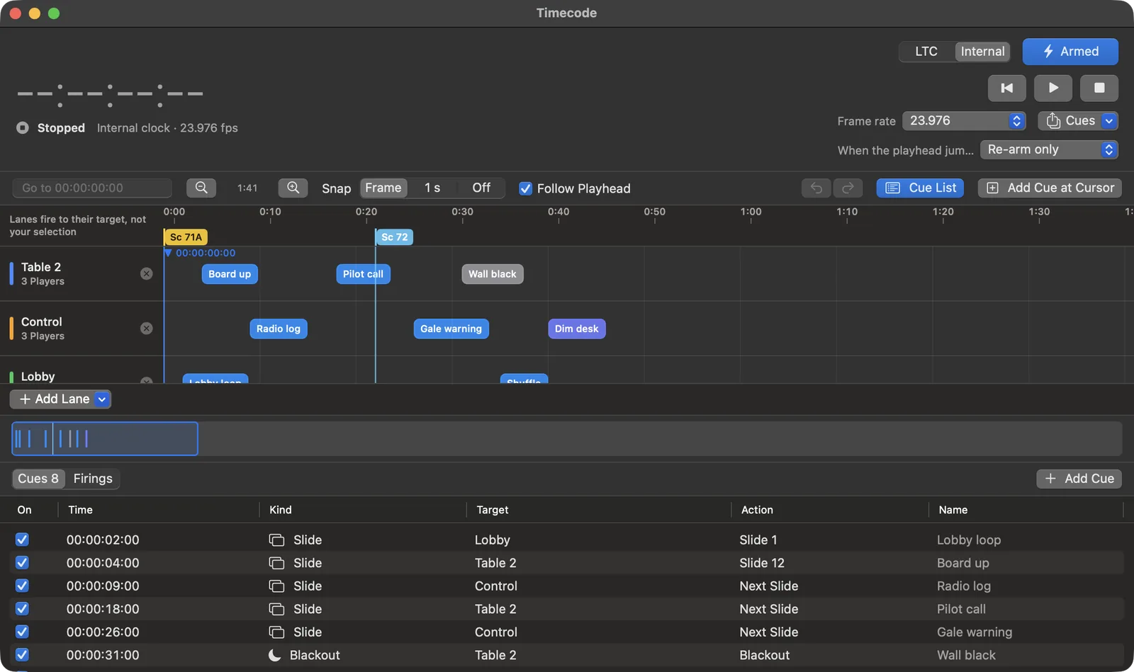 The Timecode window at 23.976 frames per second, with lanes for Table 2, Control, and Lobby. Cues such as Board up, Pilot call, Radio log, and Wall black sit on the timeline under the scene markers Sc 71A and Sc 72.