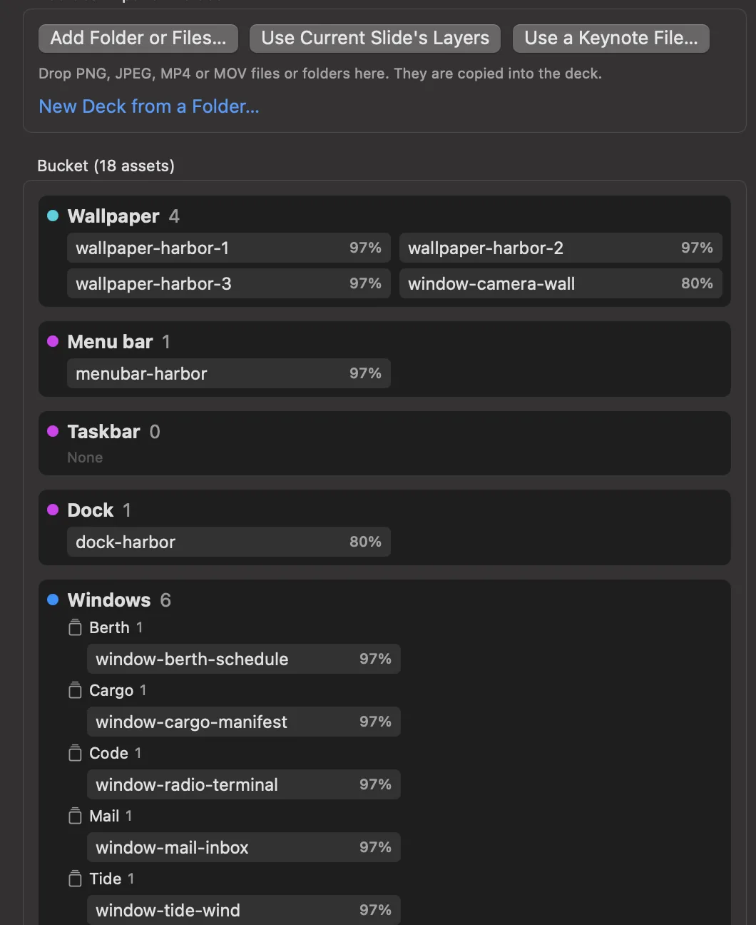 Assets sorted into roles in the New from Assets panel.