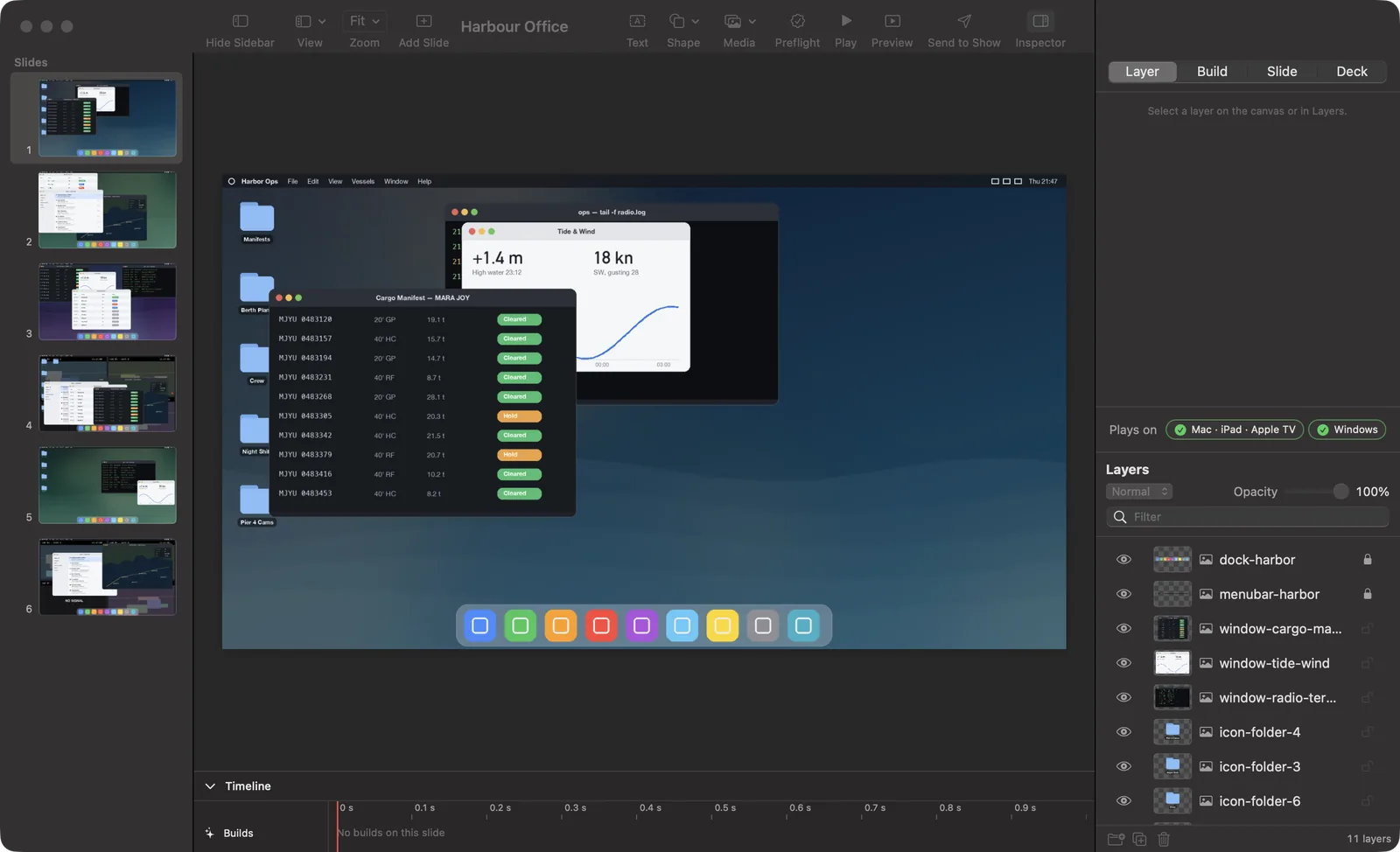 Scenic Decorator with a six-slide deck of desktops open: slide thumbnails down the left, one desktop on the canvas, and a Layers panel listing the dock, the menu bar, each window, and the folder icons as separate layers.