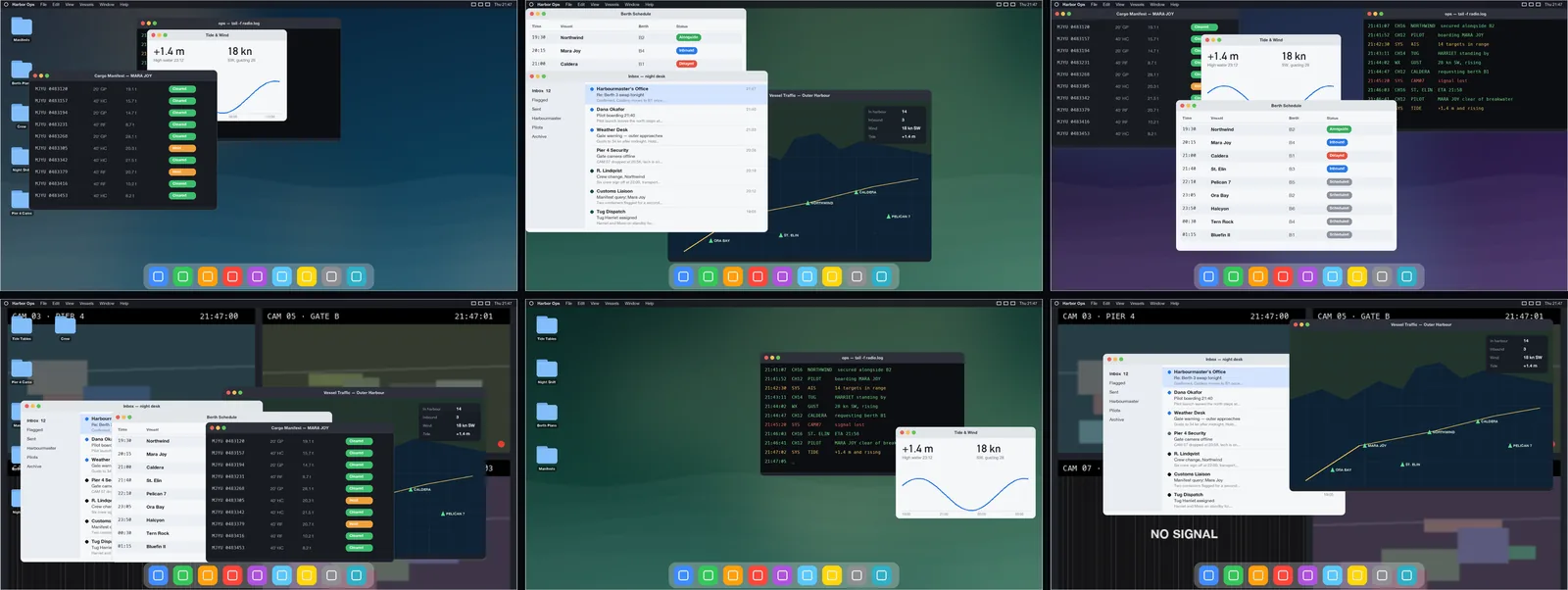 Six different desktops Decorator built from one folder, each with its own wallpaper and its own arrangement of windows, icons, and dock.